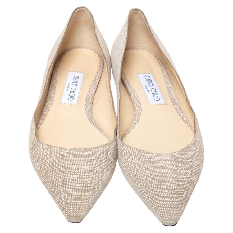 Pre Owned Jimmy Choo Beige/White Textured Leather Romy Ballet Flats Size 38.5