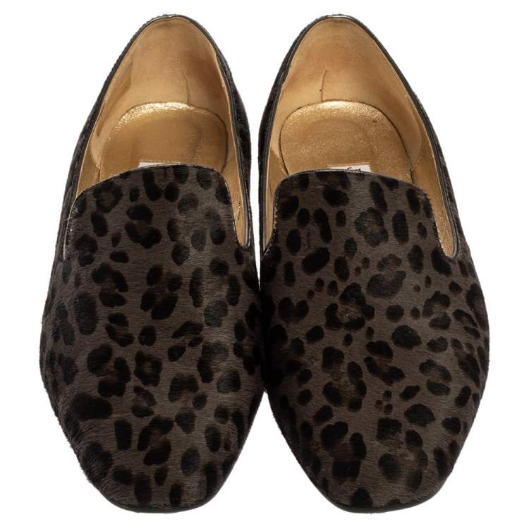 Pre Owned Jimmy Choo Grey Leopard Print Calf Hair Wheel Smoking Slippers Size 39