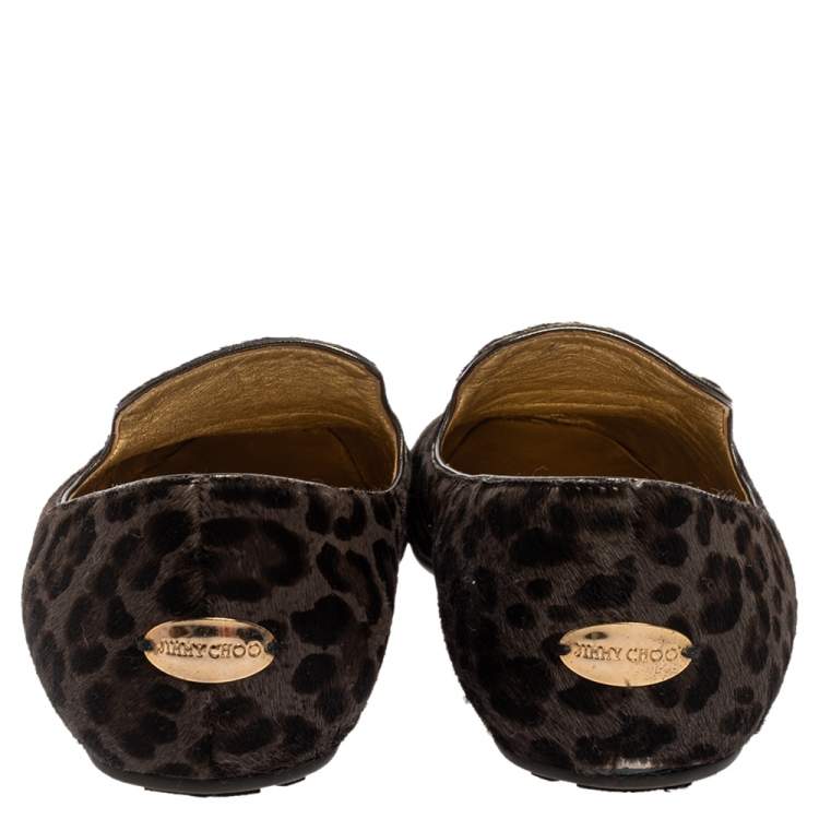Pre Owned Jimmy Choo Grey Leopard Print Calf Hair Wheel Smoking Slippers Size 39