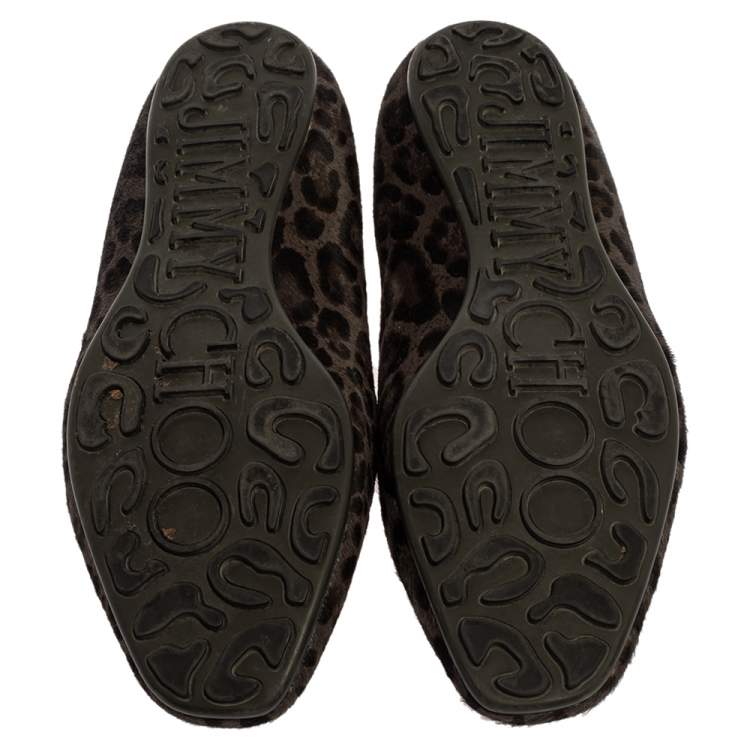 Pre Owned Jimmy Choo Grey Leopard Print Calf Hair Wheel Smoking Slippers Size 39