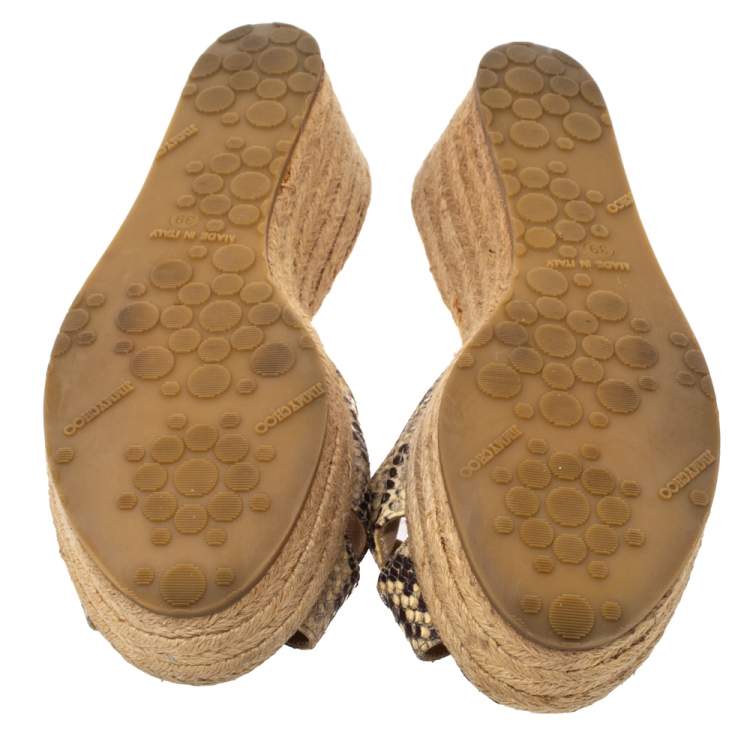 Pre Owned Jimmy Choo Beige/Black Python Embossed Leather Espadrille Wedge Platform Slide Sandals Size 39