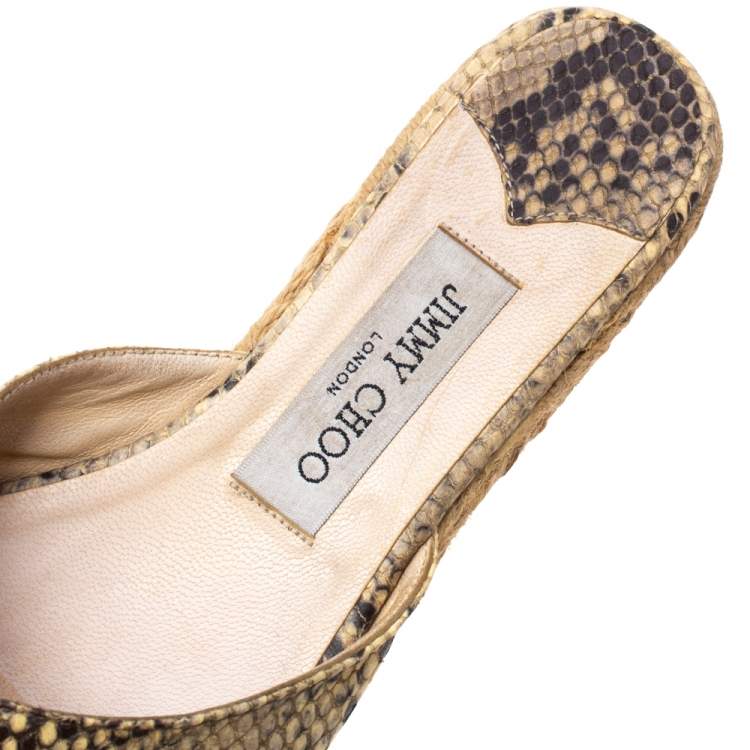 Pre Owned Jimmy Choo Beige/Black Python Embossed Leather Espadrille Wedge Platform Slide Sandals Size 39