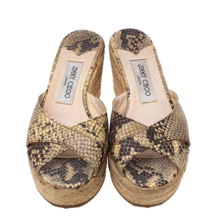 Pre Owned Jimmy Choo Beige/Black Python Embossed Leather Espadrille Wedge Platform Slide Sandals Size 39