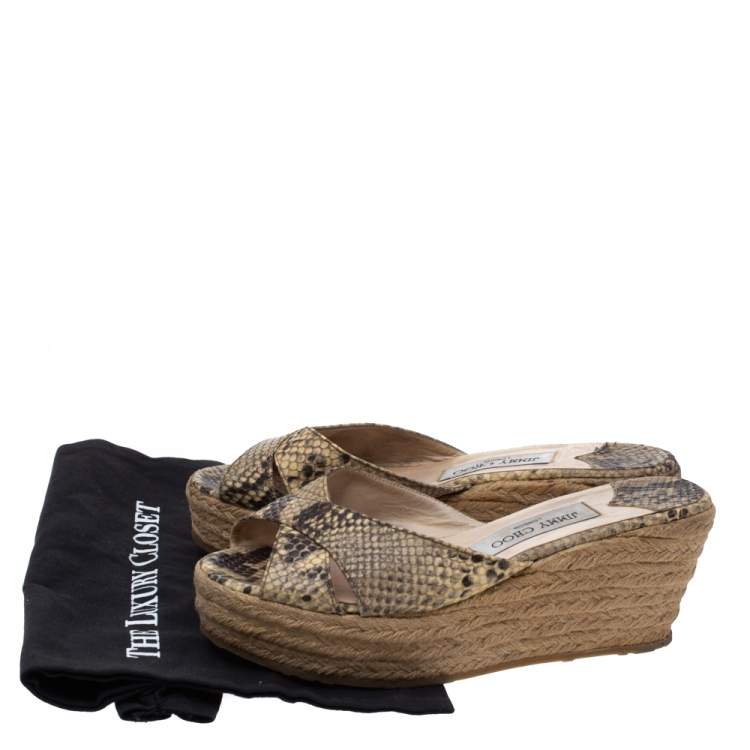 Pre Owned Jimmy Choo Beige/Black Python Embossed Leather Espadrille Wedge Platform Slide Sandals Size 39