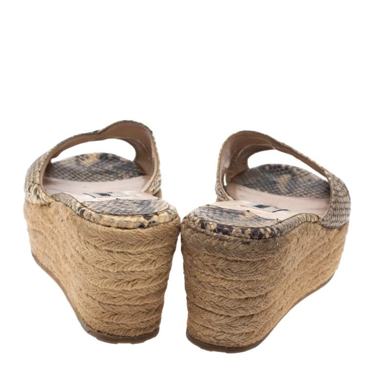 Pre Owned Jimmy Choo Beige/Black Python Embossed Leather Espadrille Wedge Platform Slide Sandals Size 39
