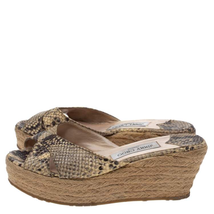 Pre Owned Jimmy Choo Beige/Black Python Embossed Leather Espadrille Wedge Platform Slide Sandals Size 39