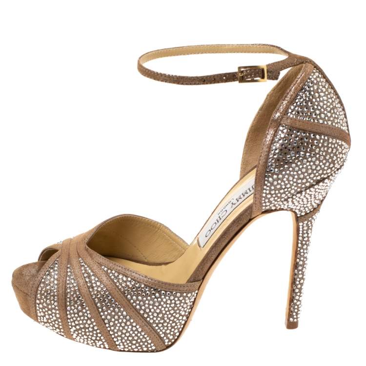 Pre Owned Jimmy Choo Beige Glitter Suede Kalpa Crystal Embellished Ankle Strap Platform Sandals Size 38.5