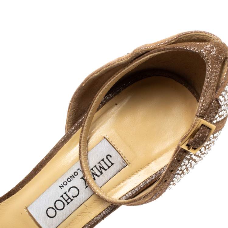 Pre Owned Jimmy Choo Beige Glitter Suede Kalpa Crystal Embellished Ankle Strap Platform Sandals Size 38.5