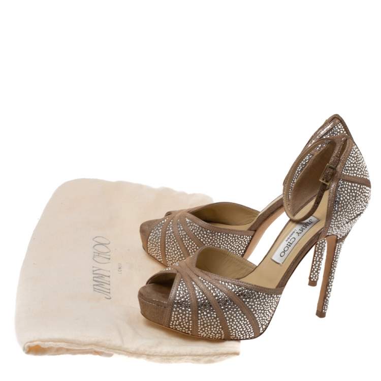 Pre Owned Jimmy Choo Beige Glitter Suede Kalpa Crystal Embellished Ankle Strap Platform Sandals Size 38.5
