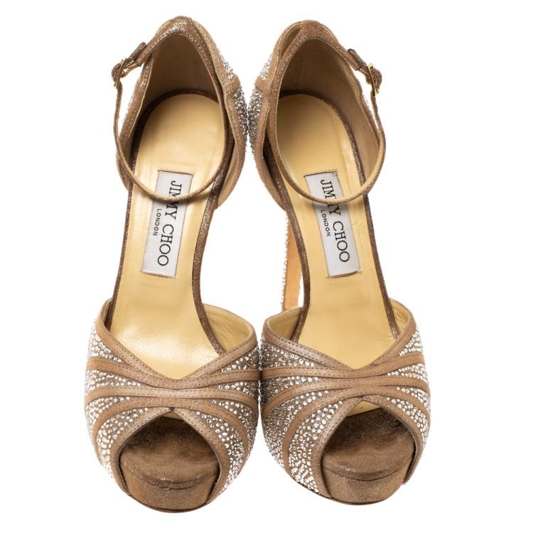 Pre Owned Jimmy Choo Beige Glitter Suede Kalpa Crystal Embellished Ankle Strap Platform Sandals Size 38.5
