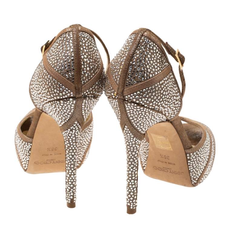 Pre Owned Jimmy Choo Beige Glitter Suede Kalpa Crystal Embellished Ankle Strap Platform Sandals Size 38.5