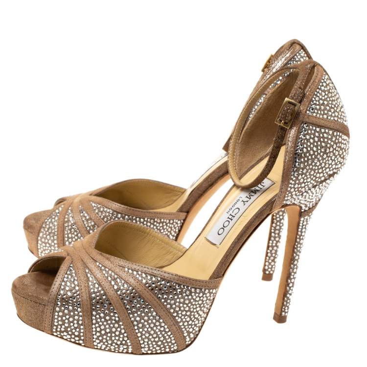 Pre Owned Jimmy Choo Beige Glitter Suede Kalpa Crystal Embellished Ankle Strap Platform Sandals Size 38.5