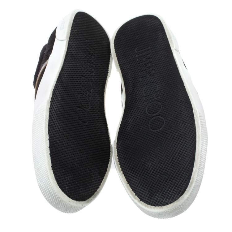 Pre Owned Jimmy Choo Black/Silver Fabric, Lace and Patent Leather Demi Slip On Sneakers Size 37