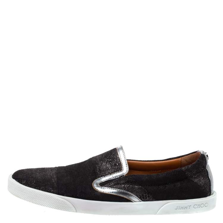 Pre Owned Jimmy Choo Black/Silver Fabric, Lace and Patent Leather Demi Slip On Sneakers Size 37