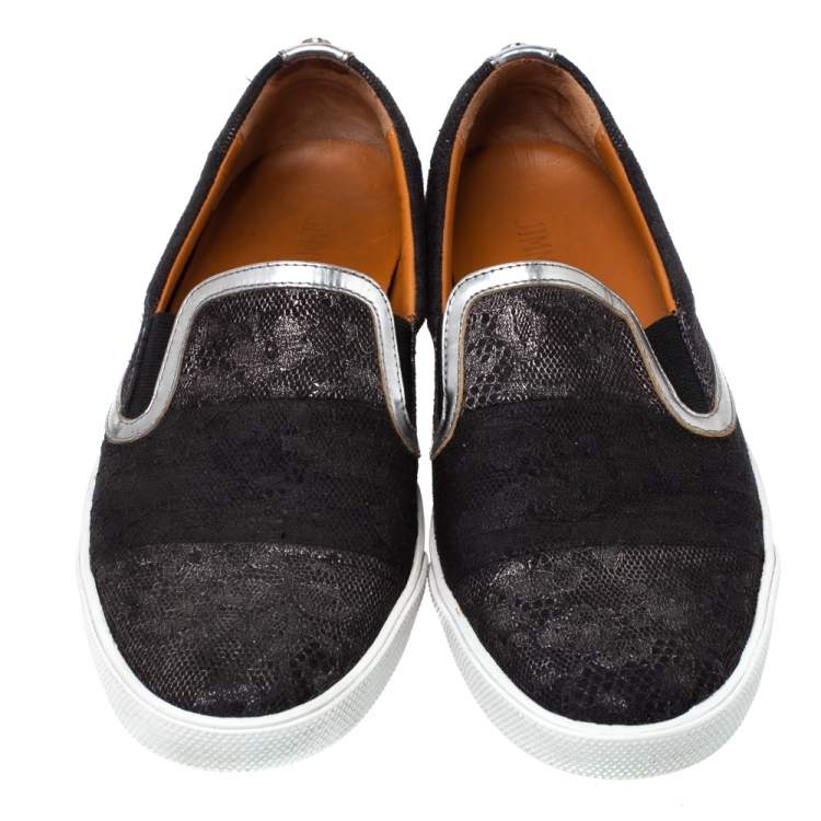 Pre Owned Jimmy Choo Black/Silver Fabric, Lace and Patent Leather Demi Slip On Sneakers Size 37