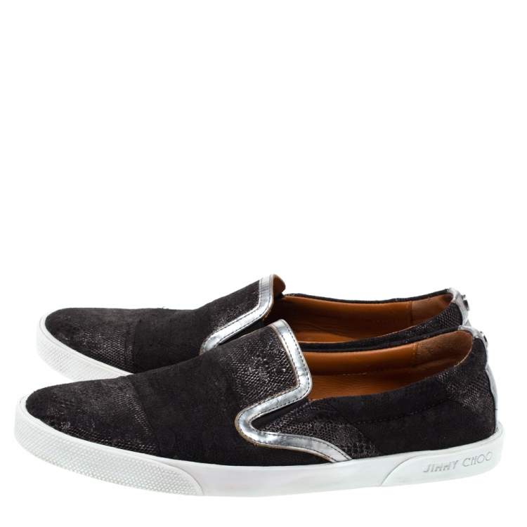 Pre Owned Jimmy Choo Black/Silver Fabric, Lace and Patent Leather Demi Slip On Sneakers Size 37