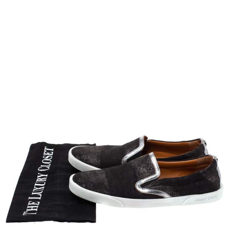 Pre Owned Jimmy Choo Black/Silver Fabric, Lace and Patent Leather Demi Slip On Sneakers Size 37