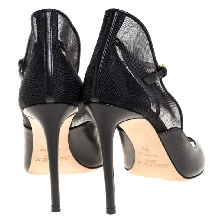 Pre Owned Jimmy Choo Black Leather Mesh Trudie Peep Toe Ankle Strap Pumps Size 38