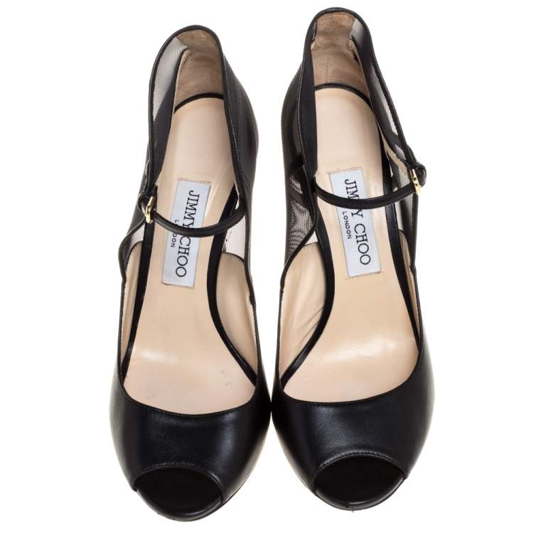Pre Owned Jimmy Choo Black Leather Mesh Trudie Peep Toe Ankle Strap Pumps Size 38