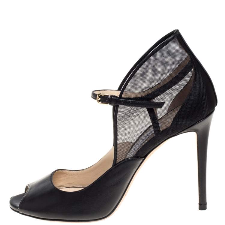 Pre Owned Jimmy Choo Black Leather Mesh Trudie Peep Toe Ankle Strap Pumps Size 38