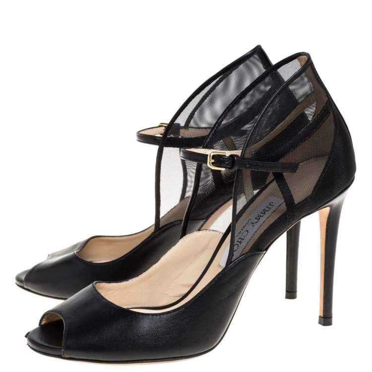 Pre Owned Jimmy Choo Black Leather Mesh Trudie Peep Toe Ankle Strap Pumps Size 38