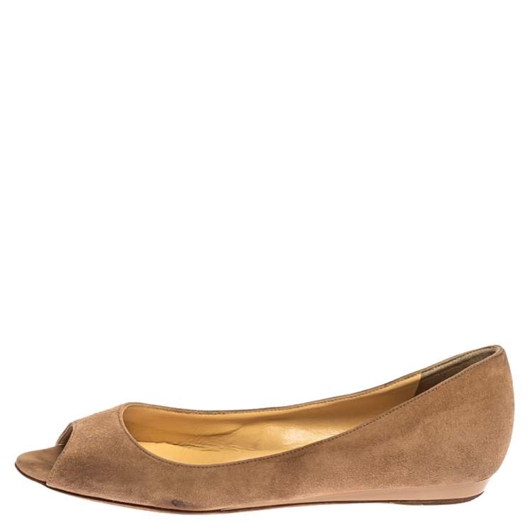 Pre Owned Jimmy Choo Beige Suede Leather Peep Toe Ballet Flats Size 36