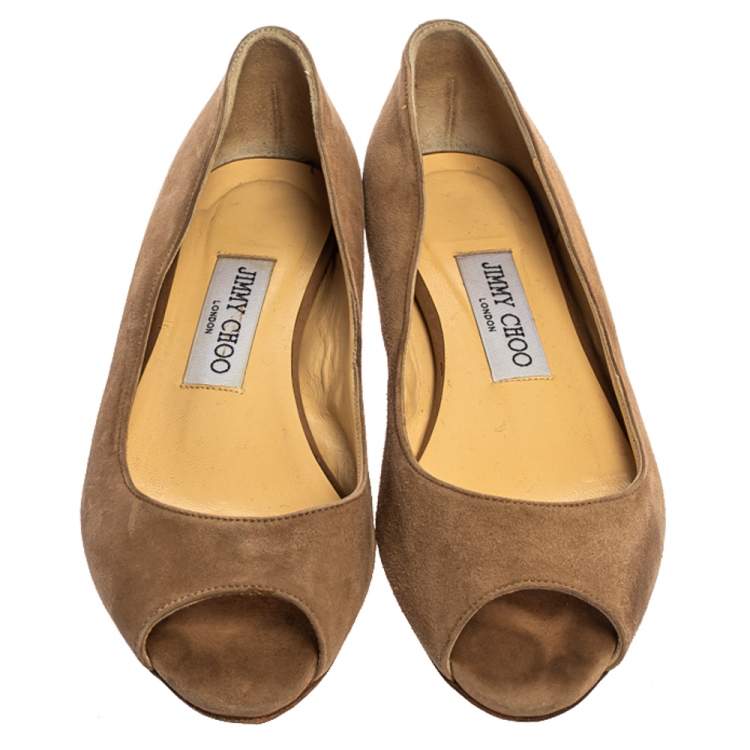 Pre Owned Jimmy Choo Beige Suede Leather Peep Toe Ballet Flats Size 36