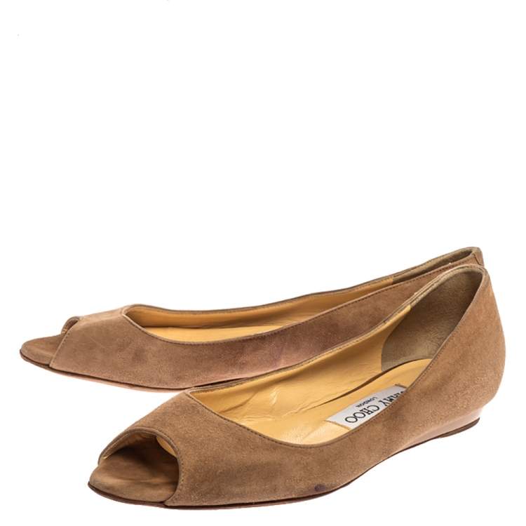 Pre Owned Jimmy Choo Beige Suede Leather Peep Toe Ballet Flats Size 36