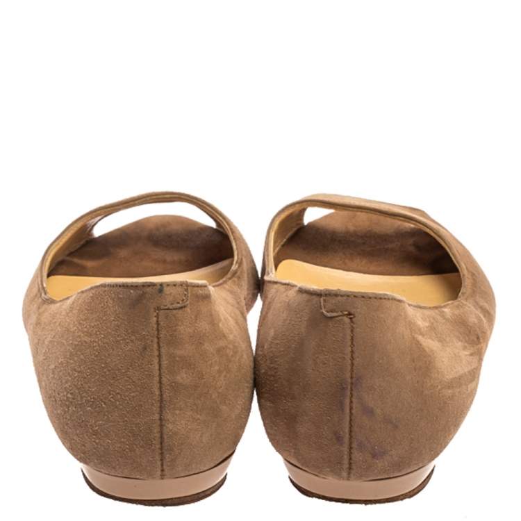 Pre Owned Jimmy Choo Beige Suede Leather Peep Toe Ballet Flats Size 36