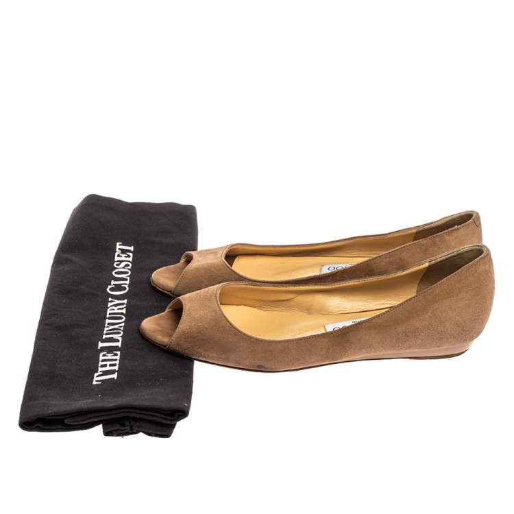 Pre Owned Jimmy Choo Beige Suede Leather Peep Toe Ballet Flats Size 36