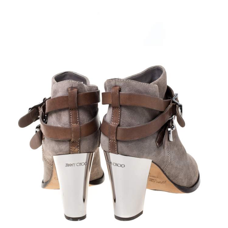Pre Owned Jimmy Choo Grey Suede Leather Buckle  Ankle Booties Size 39