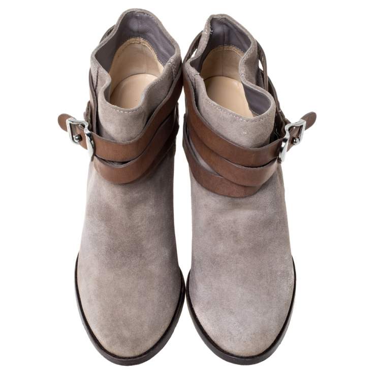 Pre Owned Jimmy Choo Grey Suede Leather Buckle  Ankle Booties Size 39
