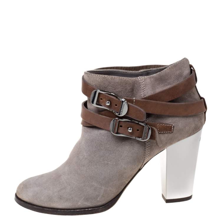 Pre Owned Jimmy Choo Grey Suede Leather Buckle  Ankle Booties Size 39