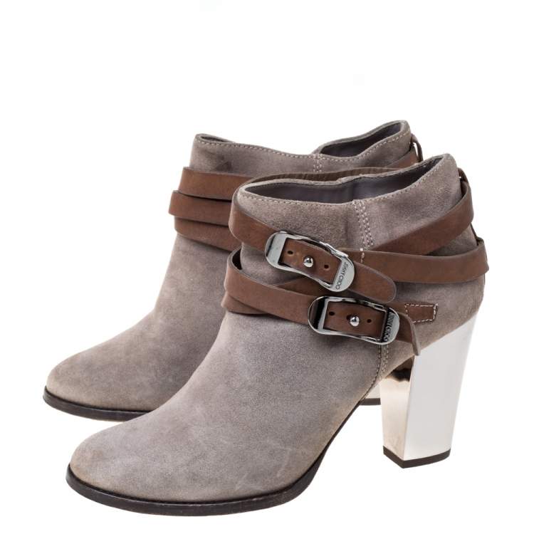 Pre Owned Jimmy Choo Grey Suede Leather Buckle  Ankle Booties Size 39