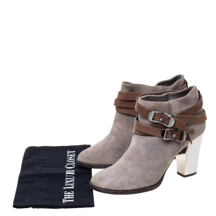Pre Owned Jimmy Choo Grey Suede Leather Buckle  Ankle Booties Size 39