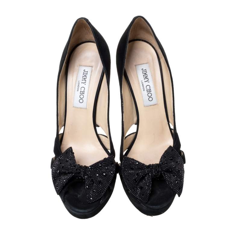 Pre Owned  Jimmy Choo Black Suede Taja Crystal Embellished Bow Peep Toe Pumps Size 38
