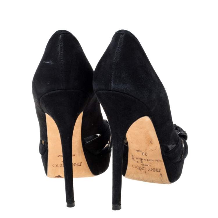 Pre Owned  Jimmy Choo Black Suede Taja Crystal Embellished Bow Peep Toe Pumps Size 38
