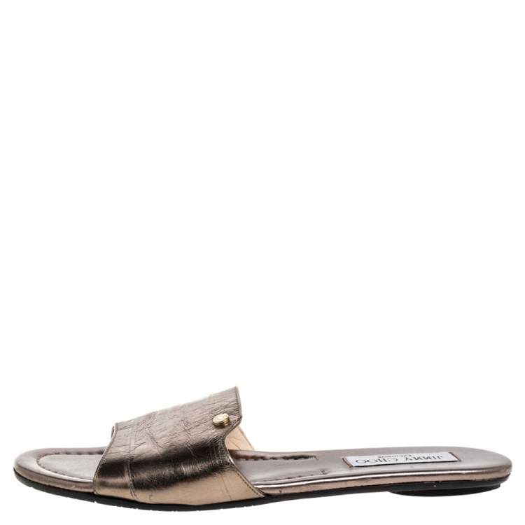 Pre Owned Jimmy Choo Metallic Bronze Leather Nanda Flat Slides Size 39