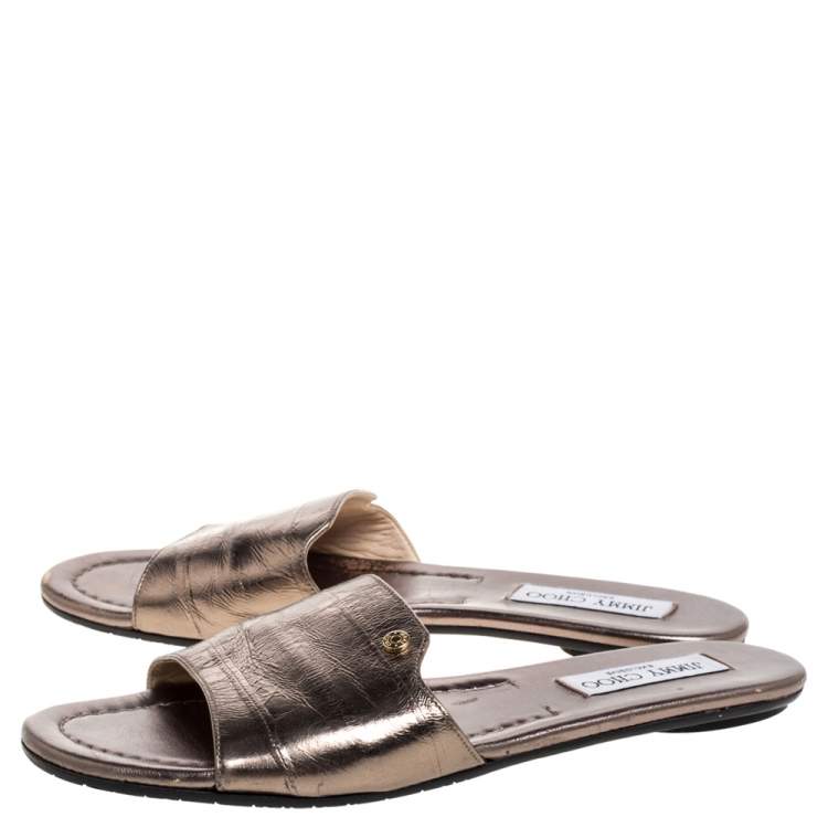 Pre Owned Jimmy Choo Metallic Bronze Leather Nanda Flat Slides Size 39