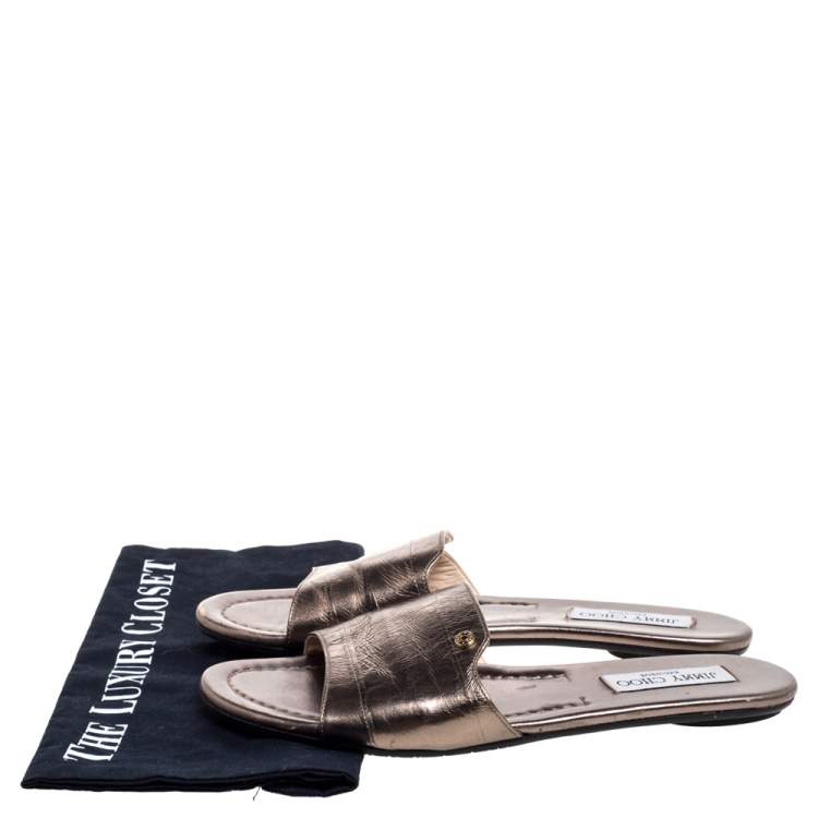 Pre Owned Jimmy Choo Metallic Bronze Leather Nanda Flat Slides Size 39