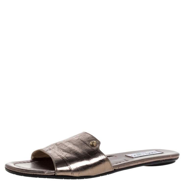 Pre Owned Jimmy Choo Metallic Bronze Leather Nanda Flat Slides Size 39