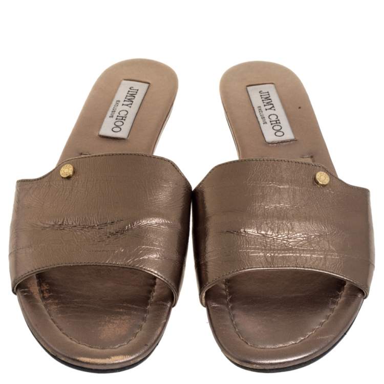 Pre Owned Jimmy Choo Metallic Bronze Leather Nanda Flat Slides Size 39