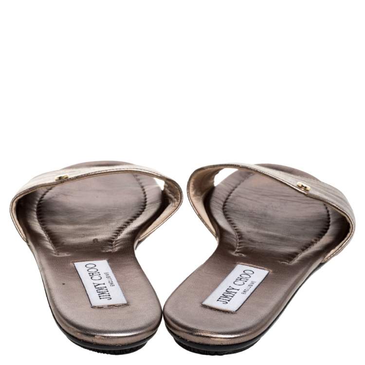 Pre Owned Jimmy Choo Metallic Bronze Leather Nanda Flat Slides Size 39