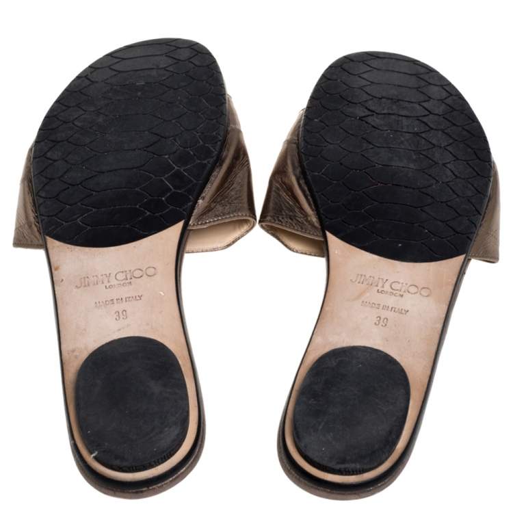 Pre Owned Jimmy Choo Metallic Bronze Leather Nanda Flat Slides Size 39