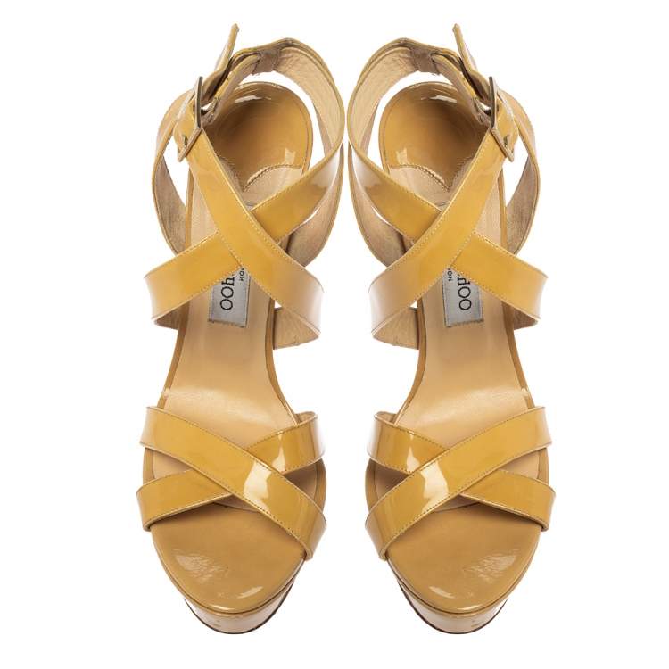 Pre Owned Jimmy Choo Beige Patent Leather Vamp Platform Sandals Size 41.5