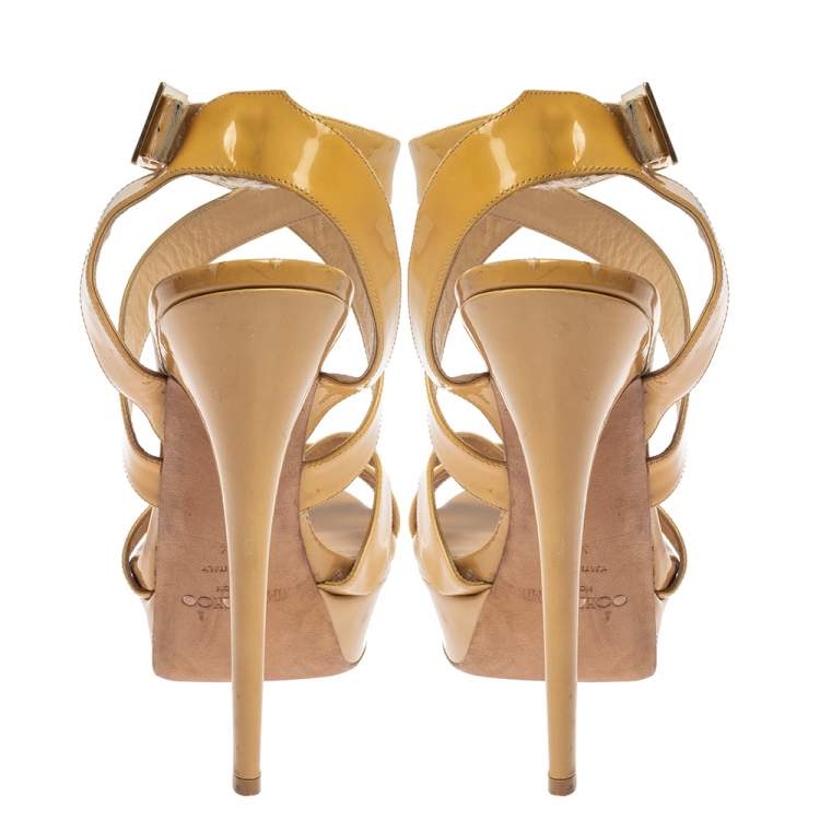 Pre Owned Jimmy Choo Beige Patent Leather Vamp Platform Sandals Size 41.5