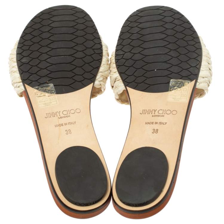 Pre Owned Jimmy Choo Cream/Brown Raffia Granger Crystal Embellished Slides Size 38