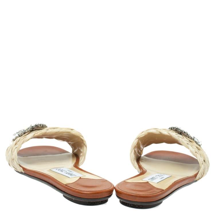 Pre Owned Jimmy Choo Cream/Brown Raffia Granger Crystal Embellished Slides Size 38