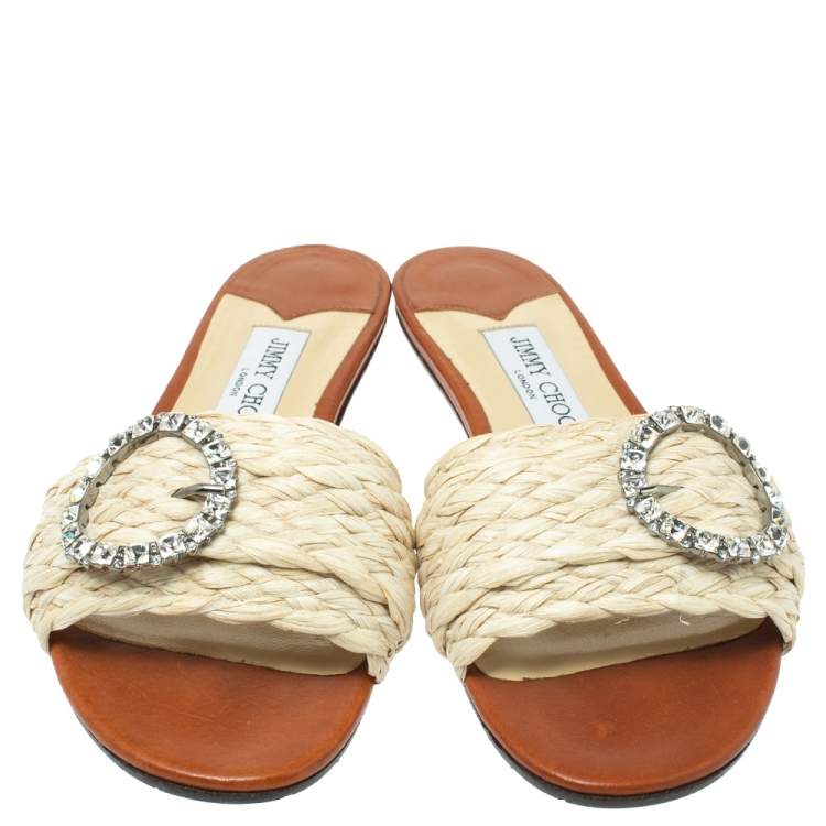 Pre Owned Jimmy Choo Cream/Brown Raffia Granger Crystal Embellished Slides Size 38