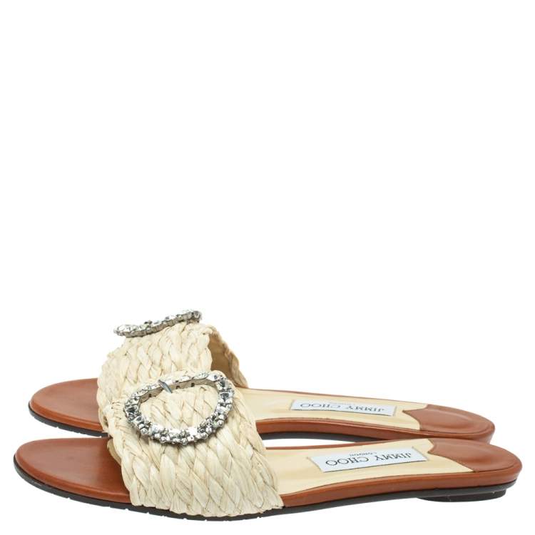 Pre Owned Jimmy Choo Cream/Brown Raffia Granger Crystal Embellished Slides Size 38